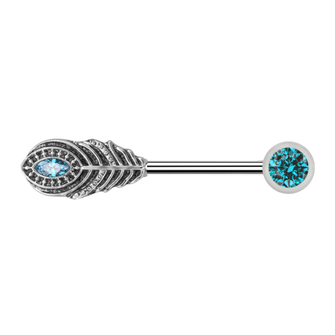 Barbell silver with beads front crystal aqua and feather