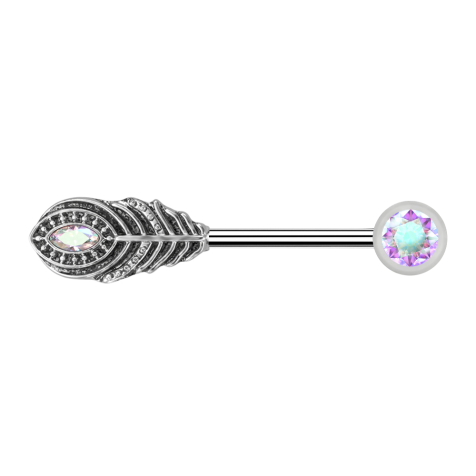Barbell silver with beads front crystal multicolor and feather