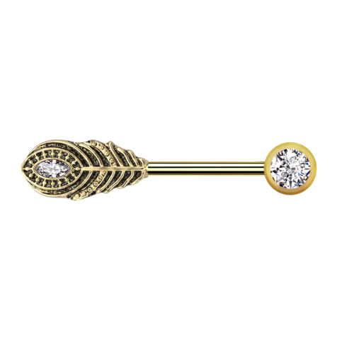 Barbell doré avec boules front cristal argenté et plume