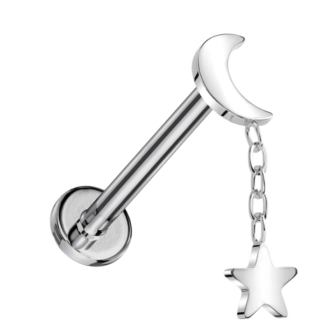 Micro Labret filetage intérieur argent lune argent pendentif étoile argent