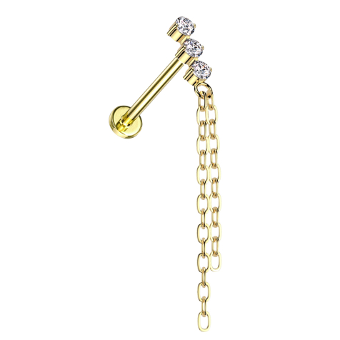 Micro Labret filettatura interna placcato oro tre cristalli argento ciondolo due catene