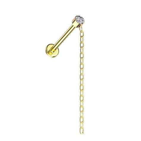 Micro labret, internal thread, gold-plated cylinder, gold-plated crystal silver pendant, gold-plated chain