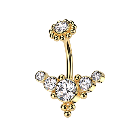 Filetto interno placcato oro Banana con fiore a sfera in cristallo placcato oro argento e centro anteriore con sfere argento e cinque cristalli