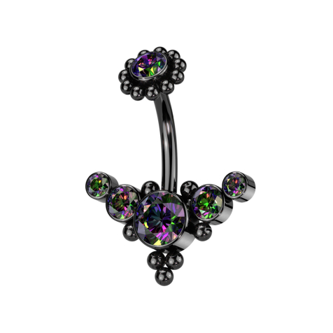 Banane femelle noire avec fleur boule noire cristal multicolore foncé et front central avec boules et cinq cristaux multicolores foncés