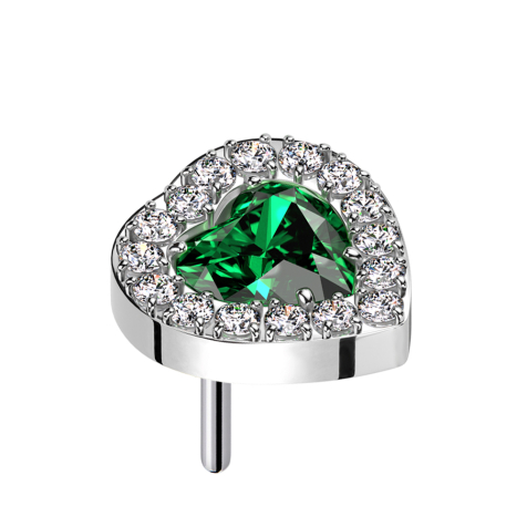 Threadless silver crystal heart green crystals edging silver