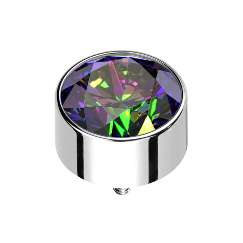 Ancrage cutané cylindrique haut argenté avec cristal foncé multicolore
