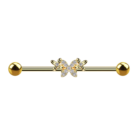 Barbell placcato oro con due sfere farfalla placcata oro due fiori cristalli argento