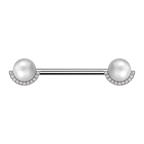 Barbell silver with two pearl beads silver crystals silver