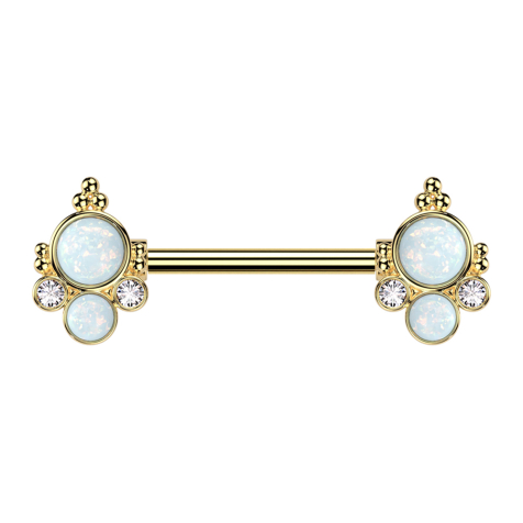 Gold-plated barbell with two white opals and two silver crystals
