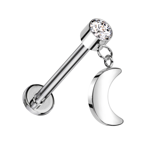 Micro threadless labret silver cylinder silver crystal silver pendant moon silver