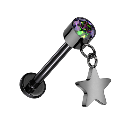Micro labret sans filetage noir cylindre noir cristal foncé multicolore pendentif étoile noir