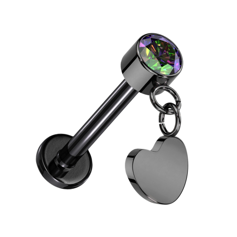 Micro Threadless Labret schwarz Zylinder schwarz Kristall dunkel multicolor Anhänger Herz schwarz