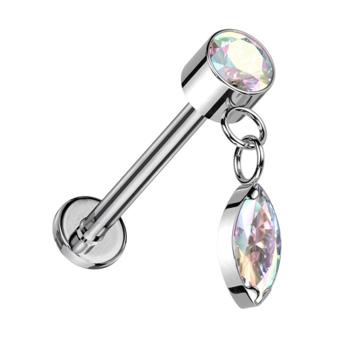 Micro Labret sans filetage argent Cylindre argent Pendentif cristal multicolore Cristal ovale multicolore
