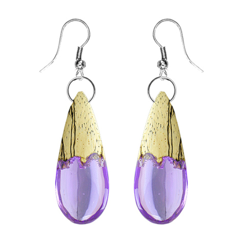 Orecchino a goccia epossidico viola in legno di tamarindo