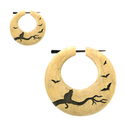Earring donut engraving black cat made of olive wood