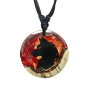 Necklace black pendant wolf in flames epoxy red made of...