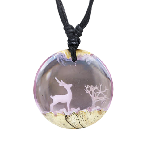 Necklace black pendant deer in the snow epoxy lavender made of tamarind wood