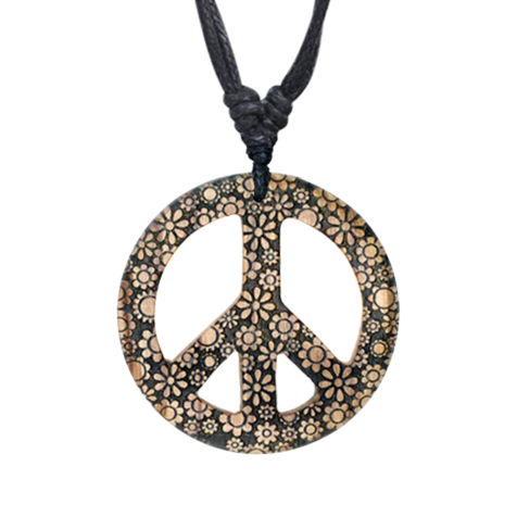 Halskette schwarz Anhänger Peace Blumen Graviert aus Krokodilholz