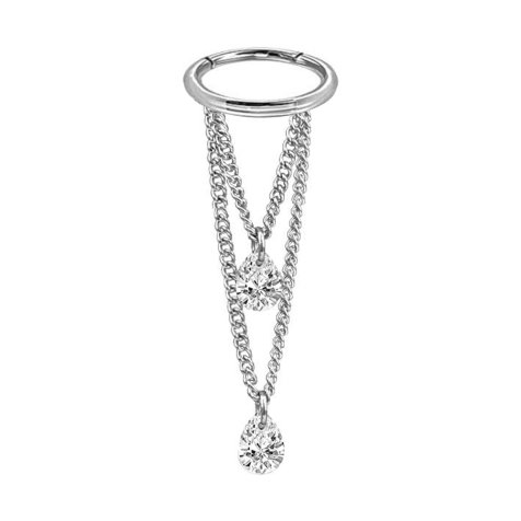 Micro segment ring hinged silver pendant horizontal two chains two oval crystals silver