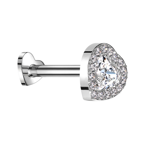 Micro Threadless Labret Cuore argento Cuore cristallo argento Cristalli argentati intorno al bordo argento