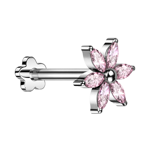 Micro Threadless Labret Blume silber Blume silber Kristalle pink