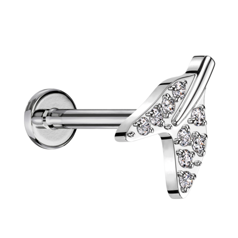 Micro Labret Internal Thread Silver Shark Tail Fin Silver Crystals Silver