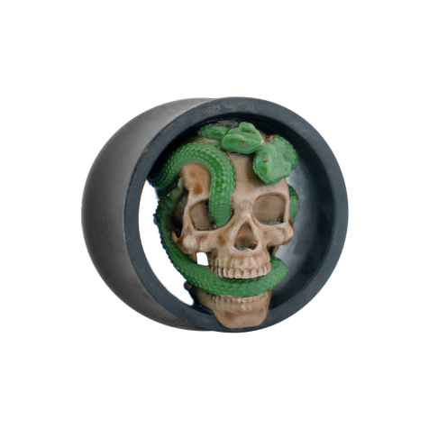Flared tunnel black skull with snake on the left