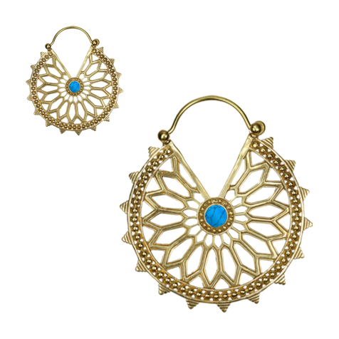 Gold-plated earring flower in dotted circle turquoise stone