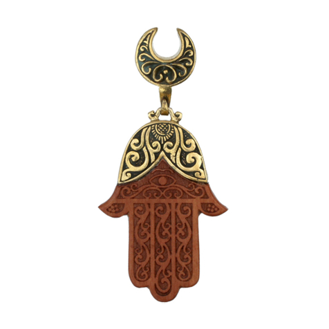 Pendentif selle doré Hamsa en bois de sawo