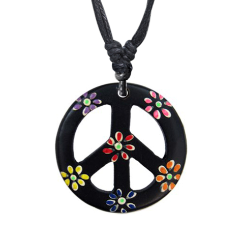Collier noir pendentif Peace noir fleuraus en bois Narra