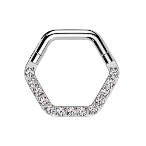 Micro segment ring, foldable, silver, hexagon front, crystals, silver