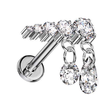 Micro labret filetage intérieur argent cinq cristaux pendentif argent deux chaînes cristaux argent gauche