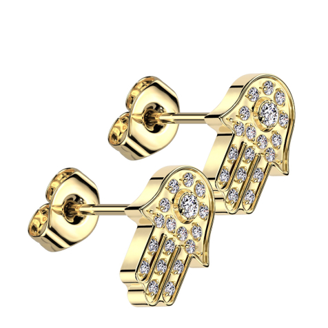 Orecchini a bottone senza filetto placcati in oro Hamsa placcato in oro cristalli argento