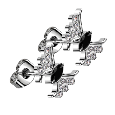 Boucles doreilles sans tige argent papillon argent cristal noir