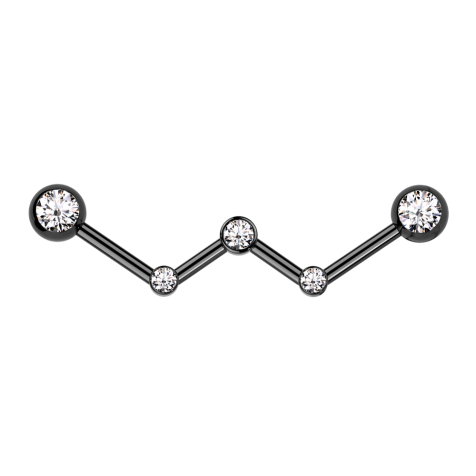 Barbell noir coudé trois cristaux argent avec deux boules noir cristal argent