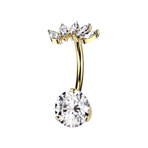 Threadless banana placcato oro con cristallo incastonato in argento e ventaglio placcato oro con cinque cristalli in argento