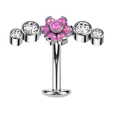 Barretta labret senza filetto banana argento fiore opale rosa incastonato quattro cristalli