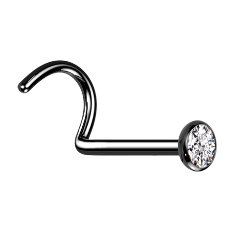 Clou doreille courbé noir avec demi-sphère plate en cristal argenté