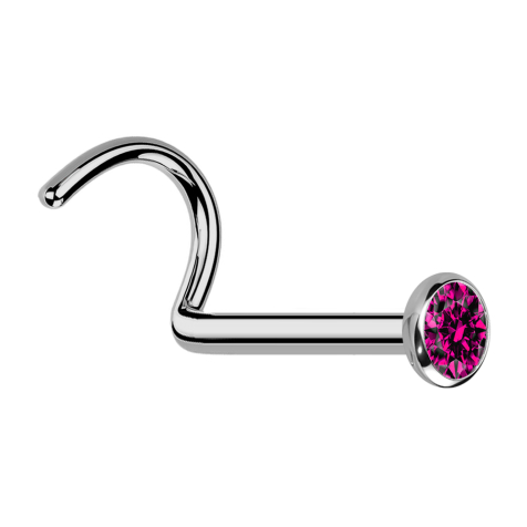 Clou doreille courbé argenté avec demi-sphère plate en cristal fuchsia