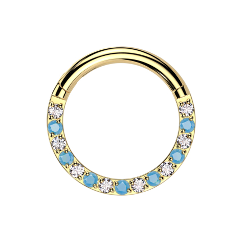 Micro segment ring, foldable, gold-plated, front crystals, silver with turquoise stones