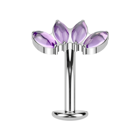 Barra labret senza filettatura banana argento quattro pietre ovali ametista