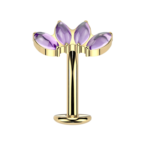 Threadless labret bar banana gold-plated four oval amethyst stones