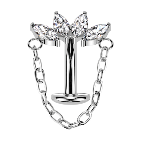 Tige labret sans filetage Banane argent Éventail quatre cristaux argent avec pendentif Chaîne