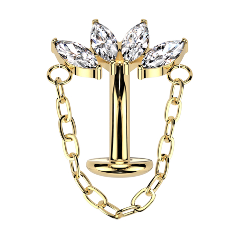 Barra labret senza filettatura banana placcata oro ventaglio quattro cristalli argento con ciondolo collana