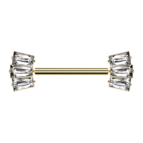 Threadless barbell gold-plated with two three baguette crystals silver
