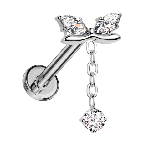 Micro labret, internal thread, silver curved bar, two oval crystals, silver pendant, chain, crystal, silver