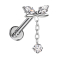 Micro labret, internal thread, silver curved bar, two oval crystals, silver pendant, chain, crystal, silver