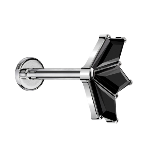 Micro Threadless Labret argento ventaglio argento tre cristalli diamanti neri