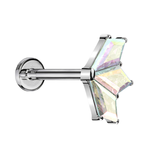 Micro Threadless Labret argento ventaglio argento tre cristalli diamante multicolore