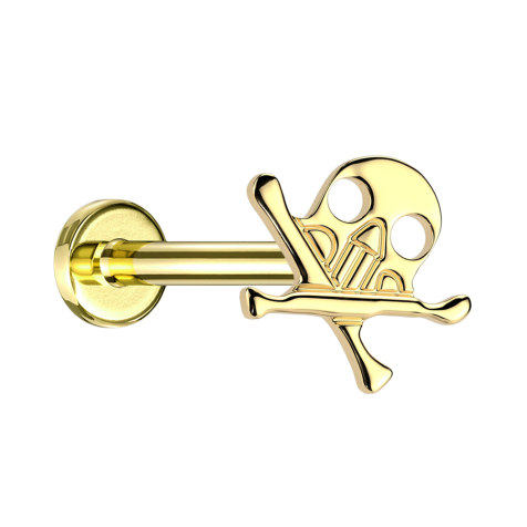 Micro labret sans filetage plaqué or Tête de mort avec os croisés plaqué or